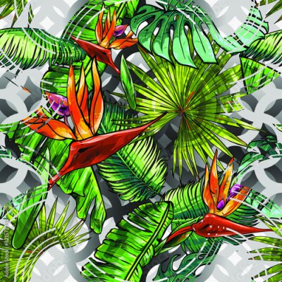 Papier peint  Seamless abstract texture on the theme of the tropics, jungle from palm leaves, monstera, banana leaves, strelitzia and heliconia flowers.