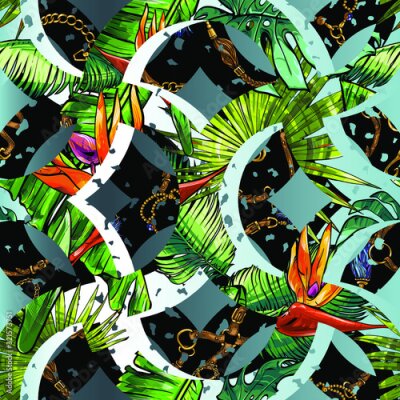 Papier peint  Seamless abstract texture on the theme of the tropics, jungle from palm leaves, monstera, banana leaves, strelitzia and heliconia flowers.