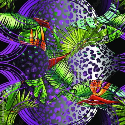 Papier peint  Seamless abstract texture on the theme of the tropics, jungle from palm leaves, monstera, banana leaves, strelitzia and heliconia flowers.
