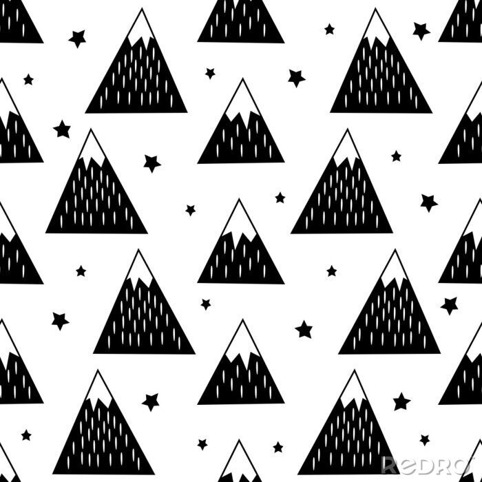 Papier peint  Seamless avec des montagnes enneigées et des étoiles géométriques. Noir et blanc illustration nature. Mignon montagnes fond.