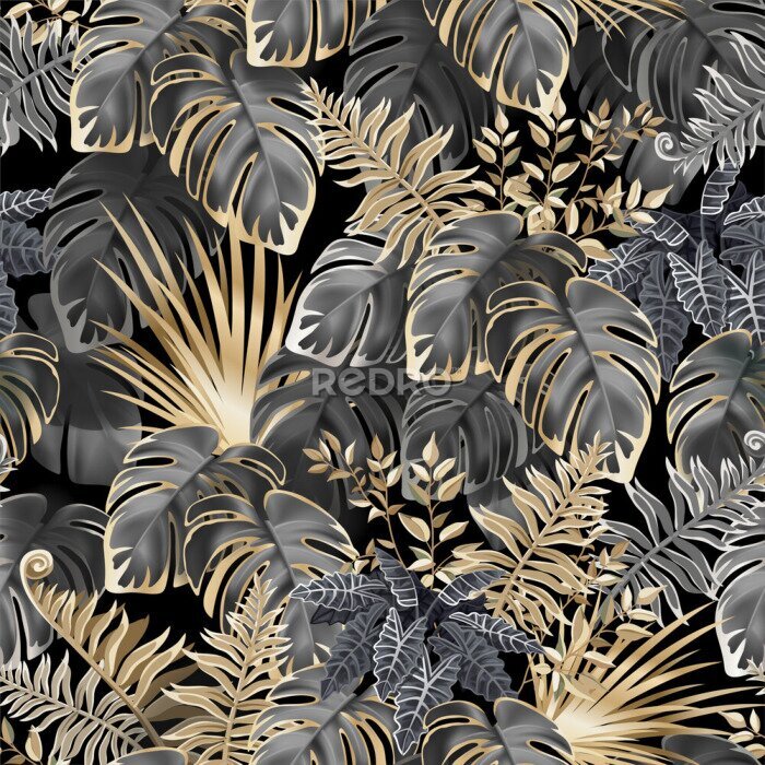 Papier peint  Seamless background dark leaves of tropical exotic plants. Pattern jungle with palm trees and lianas. Vector 3d illustration.