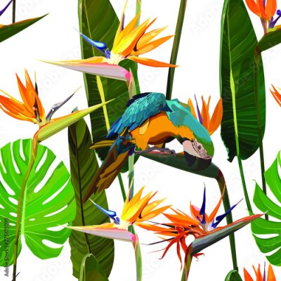 Papier peint  Seamless background with Strelitzia Reginae orange tropical flower. Vector illustration, EPS 10