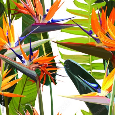 Papier peint  Seamless background with Strelitzia Reginae orange tropical flower. Vector illustration, EPS 10