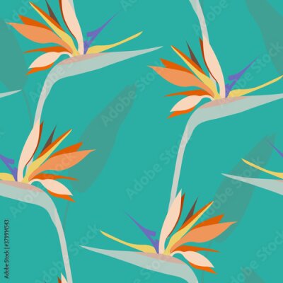 Papier peint  Seamless beautiful pattern with tropical flower strelitzia.