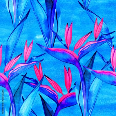 Papier peint  Seamless bird of paradise flower pattern. Hand painted watercolor exotic flowers of strelitzia. Textile design. Perfect for greetings, invitations, manufacture wrapping paper, textile, web design.