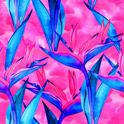 Papier peint  Seamless bird of paradise flower pattern. Hand painted watercolor exotic flowers of strelitzia. Textile design. Perfect for greetings, invitations, manufacture wrapping paper, textile, web design.