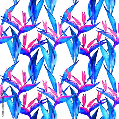 Papier peint  Seamless bird of paradise flower pattern. Hand painted watercolor exotic flowers of strelitzia. Textile design. Perfect for greetings, invitations, manufacture wrapping paper, textile, web design.
