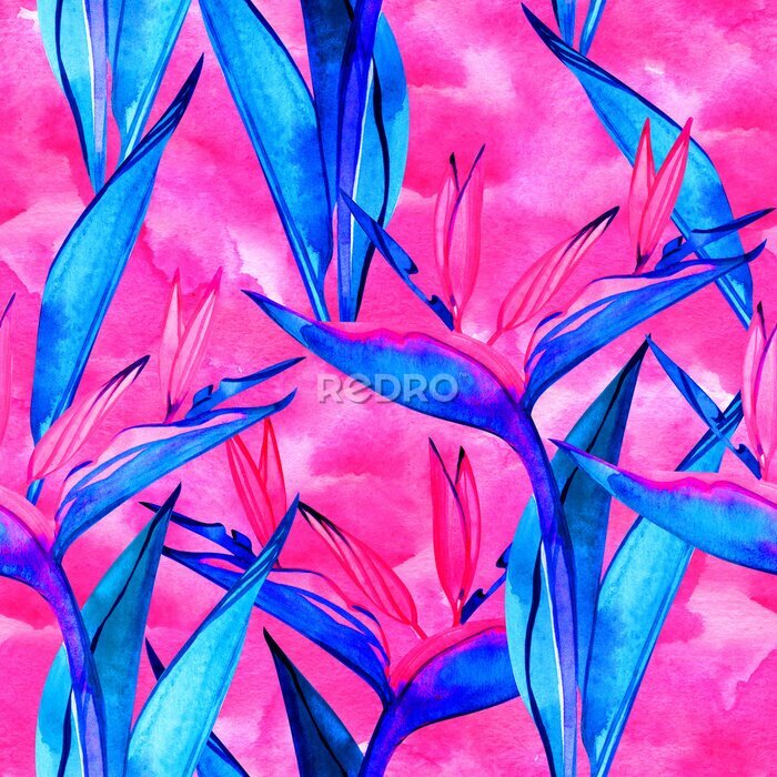 Papier peint  Seamless bird of paradise flower pattern. Hand painted watercolor exotic flowers of strelitzia. Textile design. Perfect for greetings, invitations, manufacture wrapping paper, textile, web design.