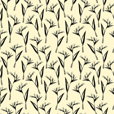 Papier peint  Seamless black and white strelitzia flower pattern. Strelitzia, bird of paradise, or crane lily. Design for textile, wallpapers, greeting cards, decoration. Isolated on yellow background.
