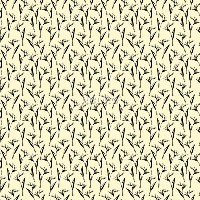 Papier peint  Seamless black and white strelitzia flower pattern. Strelitzia, bird of paradise, or crane lily. Design for textile, wallpapers, greeting cards, decoration. Isolated on yellow background.