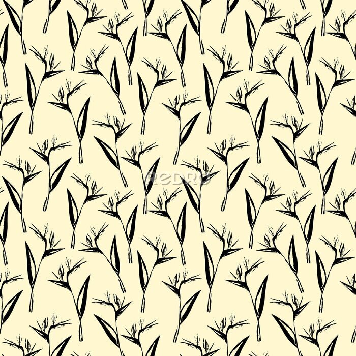 Papier peint  Seamless black and white strelitzia flower pattern. Strelitzia, bird of paradise, or crane lily. Design for textile, wallpapers, greeting cards, decoration. Isolated on yellow background.