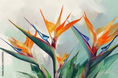Papier peint  seamless border of vibrant strelitzia flowers, an oil painting. Generative AI