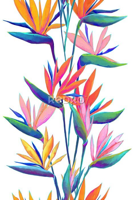 Papier peint  Seamless border of vivid strelitzia flowers, oil painting
