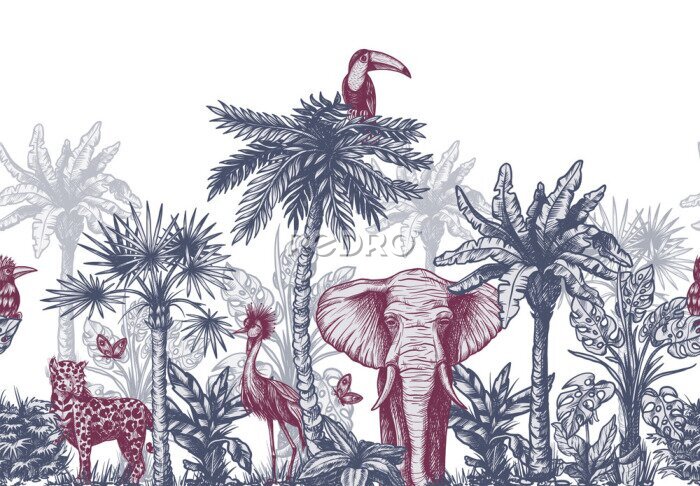Papier peint  Seamless border with graphical tropical tree such as palm, banana and jungle animals. Vector.
