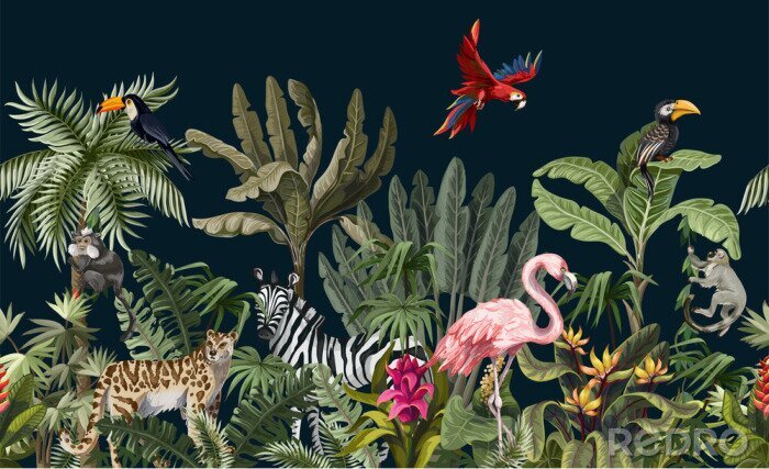 Papier peint  Seamless border with jungle animals, flowers and trees. Vector.