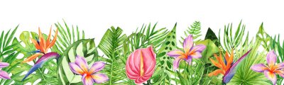 Papier peint  Seamless border with tropical leaves and flowers. Botanical composition. Watercolor hand drawn floral illustration. Perfect for print and decoration.