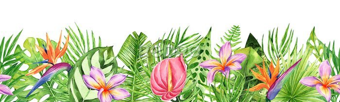Papier peint  Seamless border with tropical leaves and flowers. Botanical composition. Watercolor hand drawn floral illustration. Perfect for print and decoration.