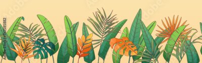 Papier peint  Seamless border with tropical leaves. Illustration of field with strelitzia, monstera, banana palm plant. For design of banner, poster, cards, decoration of room, for design