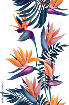 Papier peint  Seamless border with watercolor vibrant strelitzia flowers and deep blue palm leaves
