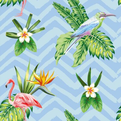 Seamless composition de tropical oiseau fleurs et plantes bleu zigzag fond