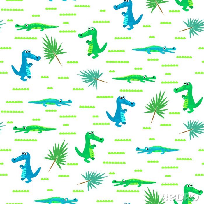 Papier peint  Seamless, crocodile, gosse, dessin animé, vecteur, modèle. Fond bleu et vert d'alligator.