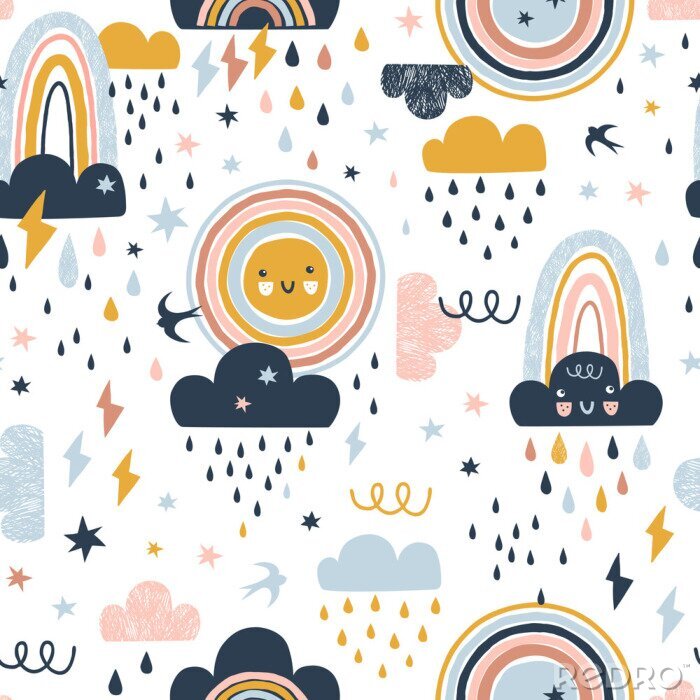 Papier peint  Seamless cute pattern with hand drawn rainbows, rain drops, clouds sun and martlets. Creative scandinavian childish background for fabric, wrapping, textile, wallpaper, apparel. Vector illustration