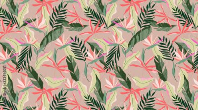 Papier peint  Seamless earthy colour exotic Hawaiian pattern. Tropical design for web and print. Strelitzia flowers, beige, red and soft green leaves on a red background. Modern hand drawn vector pattern design. 