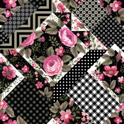 Seamless, floral, patchwork, modèle, rose, roses, géométrique