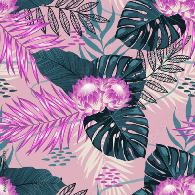 Papier peint  Seamless floral pattern pink strelitzia flowers on isolated pink pastel background. Vector illustration hand drawning. For fabric print design texture.