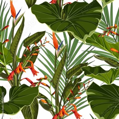 Papier peint  Seamless floral pattern with orange glossy flowers and strelitzia and palm leaves. Tropical pattern on a black background. 
