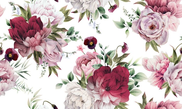 Papier peint  Seamless floral pattern with peonies on summer background, watercolor illustration. Template design for textiles, interior, clothes, wallpaper