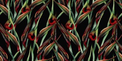 Papier peint  Seamless floral pattern with strelitzia on dark background. Template design for textiles, interior, clothes, wallpaper. Watercolor illustration