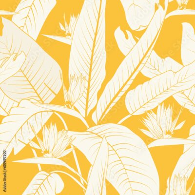 Papier peint  Seamless floral pattern with strelitzia or bird of paradise flowers on yellow background. Summer vector background.