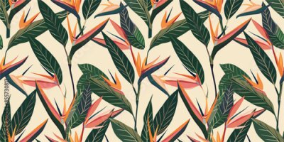 Papier peint  Seamless floral pattern with Strelitzia reginae flowers on dark background. Abstract trendy spring, summer print dress. Beautiful multicolored floral motif. Hand drawn wildflowers flat illustration