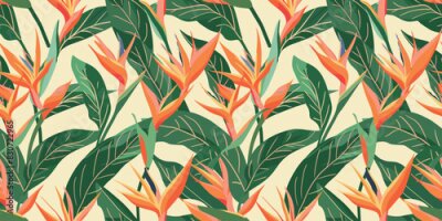 Papier peint  Seamless floral pattern with Strelitzia reginae flowers on dark background. Abstract trendy spring, summer print dress. Beautiful multicolored floral motif. Hand drawn wildflowers flat illustration