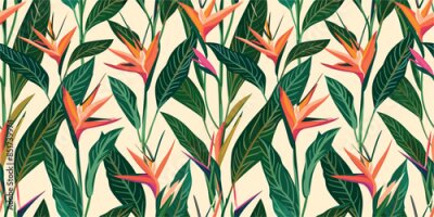 Papier peint  Seamless floral pattern with Strelitzia reginae flowers on dark background. Abstract trendy spring, summer print dress. Beautiful multicolored floral motif. Hand drawn wildflowers flat illustration