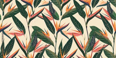 Papier peint  Seamless floral pattern with Strelitzia reginae flowers on dark background. Abstract trendy spring, summer print dress. Beautiful multicolored floral motif. Hand drawn wildflowers flat illustration