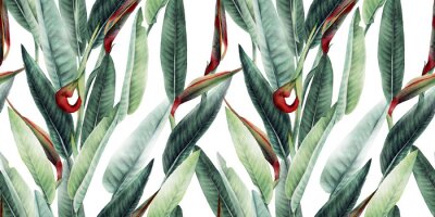 Papier peint  Seamless floral pattern with tropical leaves and strelitzia on light background. Template design for textiles, interior, clothes, wallpaper. Watercolor illustration