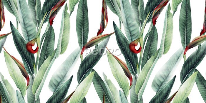 Papier peint  Seamless floral pattern with tropical leaves and strelitzia on light background. Template design for textiles, interior, clothes, wallpaper. Watercolor illustration