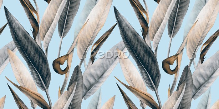 Papier peint  Seamless floral pattern with tropical leaves and strelitzia on light background. Template design for textiles, interior, clothes, wallpaper. Watercolor illustration