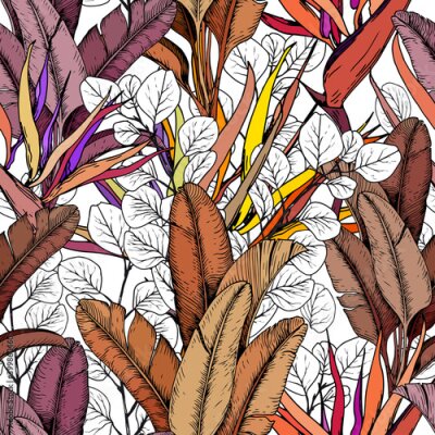 Papier peint  Seamless floral pattern with tropical leaves, eucalyptus and strelitzia flowers.