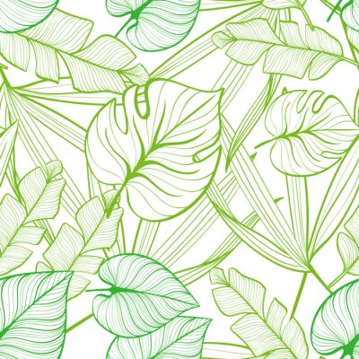Seamless floral pattern with tropical leaves. Line drawing. Hand-drawn illustration.