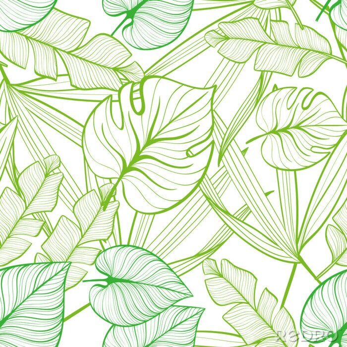 Papier peint  Seamless floral pattern with tropical leaves. Line drawing. Hand-drawn illustration.