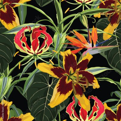 Papier peint  Seamless floral pattern with tropical lilies, strelitzia flowers with leaves with leaves on black background. Template design for textiles, interior, clothes, wallpaper. Botanical art.