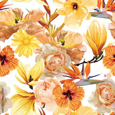 Papier peint  Seamless floral pattern with yellow, orange flowers, poppy, rose, strelitzia on a white background. Design for wallpaper, fabric, wrapping paper, cover and more. Vector illustration.