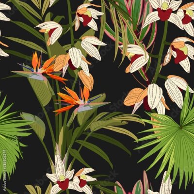 Papier peint  Seamless Floral Tropical Print with Exotic Orchid and Strelitzia Flowers, Nature Ornament for Textile or Wrapping Paper. Jungle Leaves colorful Background, Rainforest Plants. Black background.
