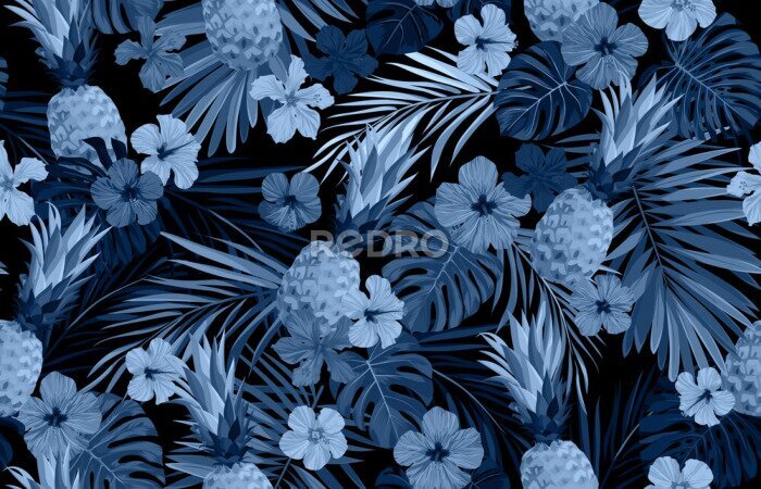 Papier peint  Seamless hand drawn tropical vector pattern with exotic palm leaves, hibiscus flowers, pineapples and various plants on dark background.