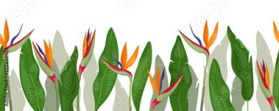 Papier peint  seamless horizontal pattern of tropical flowers,
 strelitzia and green leaves, banner, template