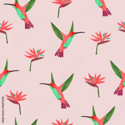 Papier peint  Seamless hummingbirds and Strelitzia flowers pattern. Vector summer tropical background.