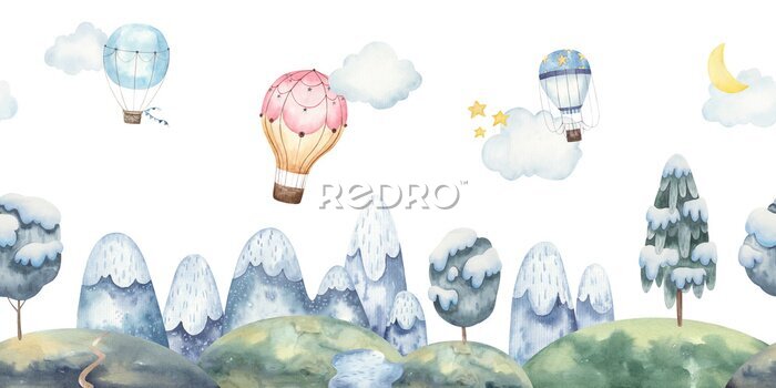 Papier peint  Seamless landscape pattern for kids design with mountains, balloons, snow-covered trees, stars, moon. watercolor illustration on white background. Illustration for greeting cards, interior.